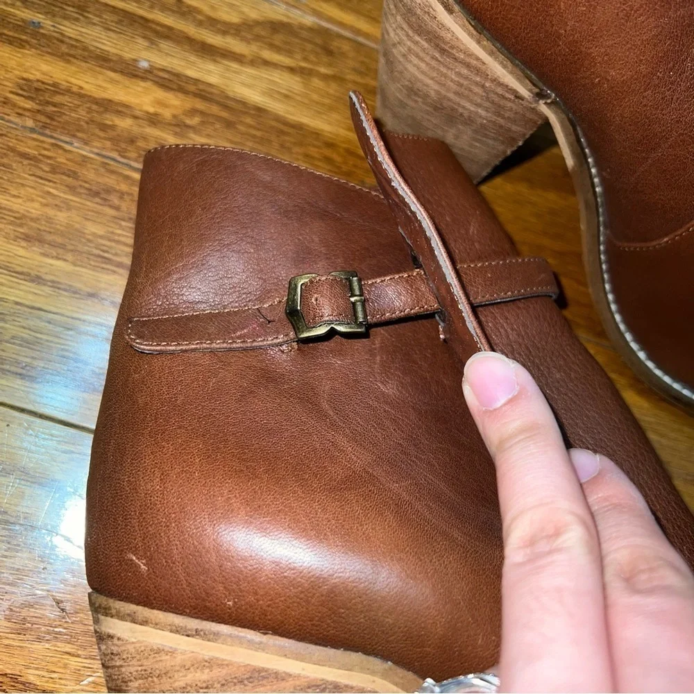 FARYL Brown Leather Stacked Heeled Booties with Buckle Size 10 - Picture 7 of 11